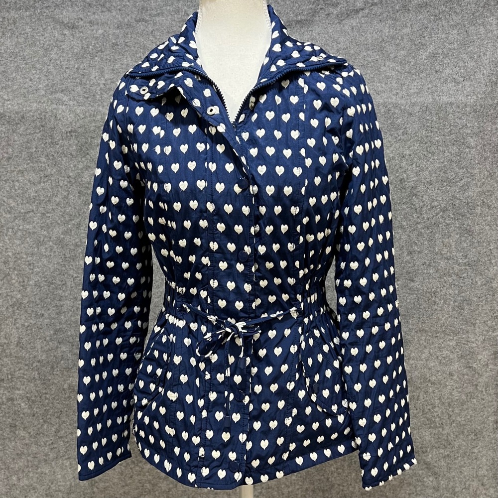 SHEGGY Women's Navy Blue White Heart Print Lightweight Jacket Size M Tie Waist‎